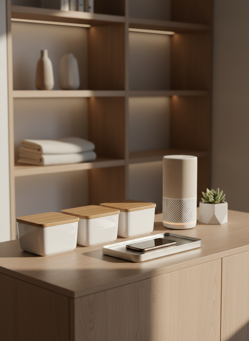 A meticulously arranged collection of smart home accessories displayed on a matte oak sideboard in a bright, contemporary living room. Sleek white ceramic storage boxes with bamboo lids, a brushed aluminum wireless charging tray, and a minimalist sand-colored smart speaker sit in harmonious alignment. In the background, built-in shelves hold a few carefully placed neutral-toned vases and folded linen throws, softly blurred. Gentle late-morning natural light enters through an unseen window, casting refined, delicate shadows and subtle reflections on the smooth surfaces. Photographic realism, shot at eye level with a slight three-quarter angle and shallow depth of field, creating a serene, sophisticated, and organized atmosphere that embodies a zen, clutter-free home.