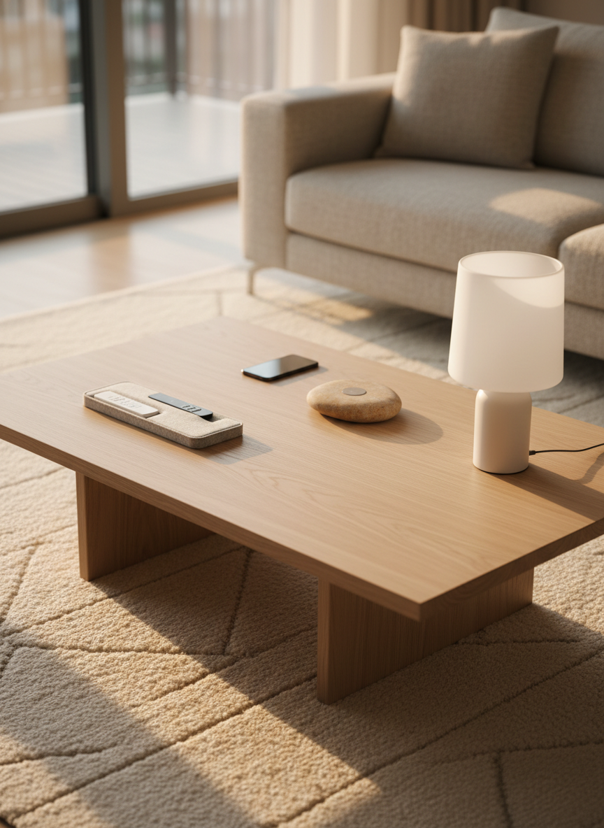 A low, wide coffee table in pale ash wood featuring a curated grouping of intelligent living room accessories: a slim remote organizer in light gray felt, a discreet white smart plug tucked beside a sculptural table lamp base, and a smooth pebble-shaped wireless charger in warm stone tones. The table stands on a textured wool rug in soft beige, while the background reveals a neutral-toned sofa, blurred into creamy bokeh. Soft golden hour light enters from floor-to-ceiling windows, creating a warm glow, delicate reflections on polished surfaces, and long, calming shadows. Photographic realism, shot from a slightly elevated corner angle with shallow depth of field, evoking a sophisticated, zen-like, and impeccably organized space.