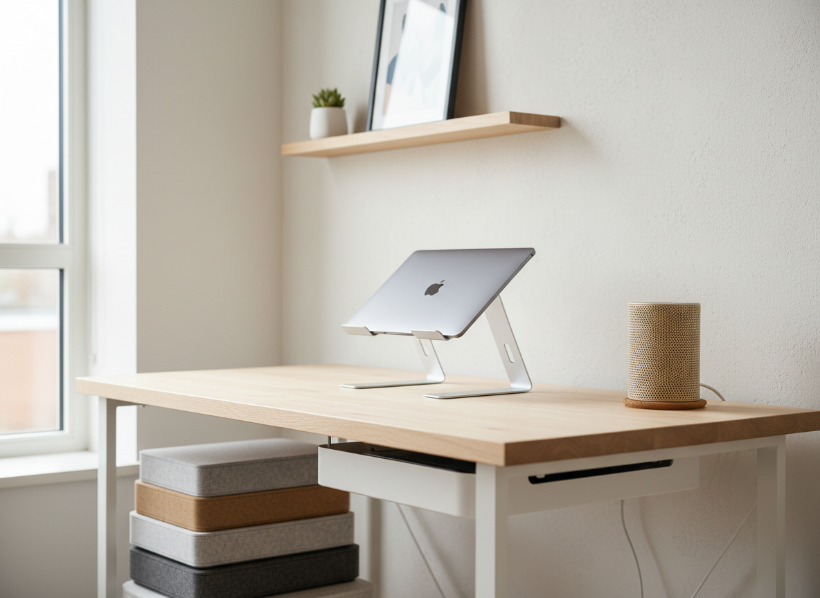 An ultra-organized home office corner with a light beech desk supporting refined smart accessories: a slim, matte-silver laptop stand, a sand-colored fabric-covered smart speaker, a modular cable-management tray hidden just under the desk edge with only a subtle shadow hinting at its presence, and three stackable felt storage boxes in graduated warm gray tones. A large window outside the frame provides soft overcast daylight, washing the scene with even, shadow-minimized illumination. The background shows a pale textured wall with a single minimalist floating shelf, softly blurred. Photographic realism, three-quarter angle, medium depth of field, presenting a serene, distraction-free workspace that feels both high-tech and zen.