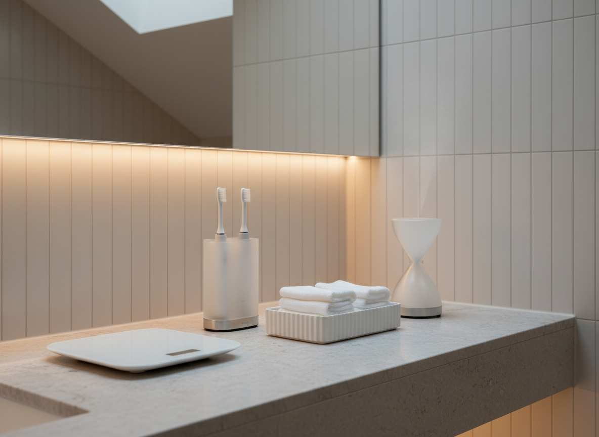 A spa-like bathroom counter in honed light-gray stone, displaying niche yet elegant accessories: a compact smart scale with a seamless glass surface, a frosted-glass toothbrush sanitizer standing beside a ribbed ceramic tray holding neatly folded white cotton face cloths, and a minimal sand-timer-style smart diffuser emitting a faint mist. The wall behind features vertical off-white tiles with a soft satin finish, subtly blurred. Natural skylight and concealed LED strip lighting together create gentle, layered illumination, adding refined highlights to glass and ceramic and soft shadows that define shapes while maintaining tranquility. Photographic realism, shot from eye level with an asymmetrical composition, evoking a sophisticated, wellness-focused, and perfectly organized bathroom sanctuary.